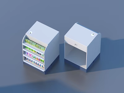 White Storage Cabinets With Drawers Holding Colorful Items And Open Empty Compartment 3d model