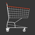 Metallic Shopping Cart With Red Handle And Four Wheels On Black Surface