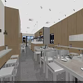 Bright Modern Restaurant Interior With Wooden Tables Chairs Menu Displays And TV Screens