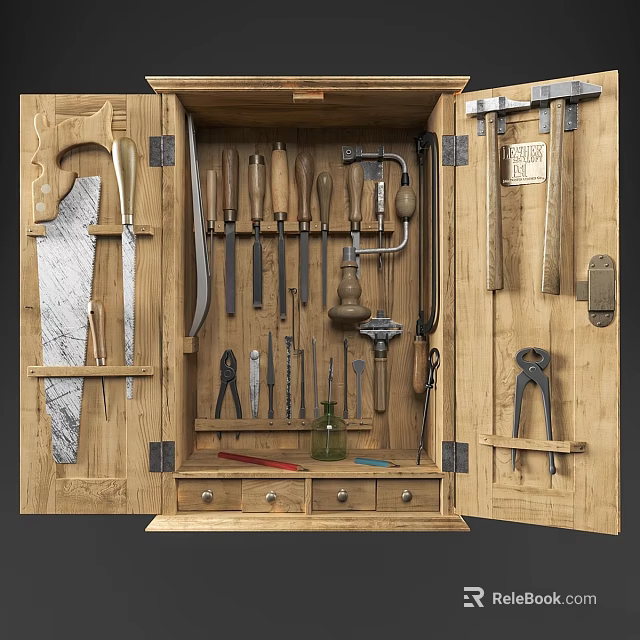 Vintage Wooden Tool Cabinet Display With Assorted Hand Tools And Drawer Storage 3d model 