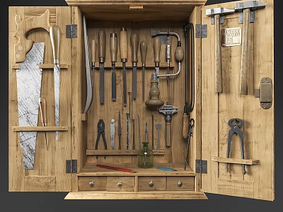 Vintage Wooden Tool Cabinet Display With Assorted Hand Tools And Drawer Storage 3d model