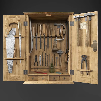 Vintage Wooden Tool Cabinet Display With Assorted Hand Tools And Drawer Storage 3d model