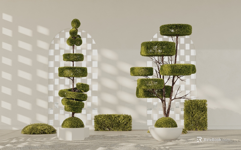 Artistic Topiary Trees With Spiral Square Round Shapes In White Planters 3d model 