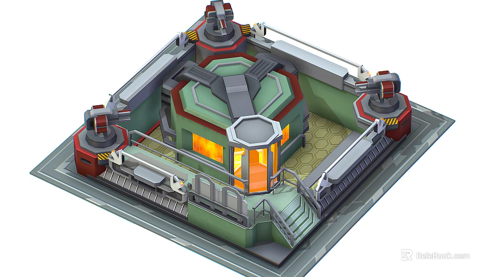Cartoon Sci Fi Scene With Green Gray Building Structure Orange Lighting And Control Consoles 3d model 