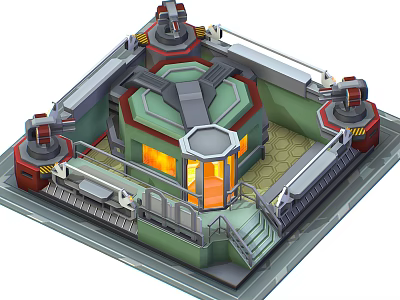 Cartoon Sci Fi Scene With Green Gray Building Structure Orange Lighting And Control Consoles 3d model