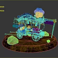 Wooden Stone Cart with Blue Canopy Purple Items and Decorative Wheels on Round Base