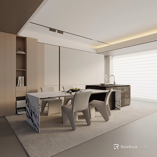 Modern Dining Table Set With Marble Countertop And White Chairs In Open Kitchen Interior Design 3d model