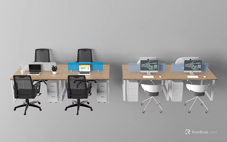Modern Office Desks With Computer Monitors Ergonomic Chairs And Divider Panels 3d model