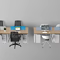 Modern Office Desks With Computer Monitors Ergonomic Chairs And Divider Panels 3d model