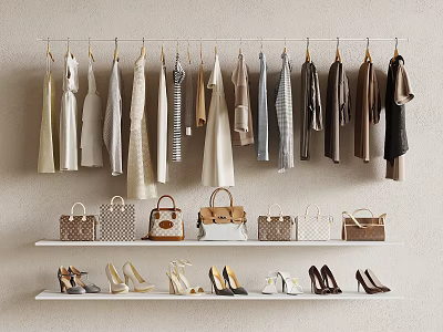 Stylish Hanging Clothes On Wall With Shelves For Handbags And Shoes 3d model