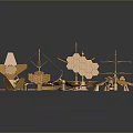 Modern Decorative Scene Featuring Golden Metal Geometric Shapes And Artistic Pieces