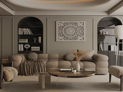 Modern Living Room Interior With Beige Sofa Pillows Marble Coffee Table Decorative Painting And Bookshelves 3d model