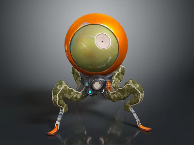 Orange Spherical Robotic Character With Green Mechanical Legs And Blue Details 3d model