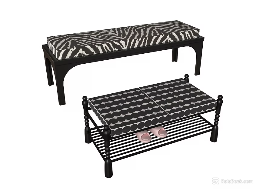 Stylish Black Frame Bench And Stool With Zebra Pattern And Striped Cushions And Shoe Rack 3d model 