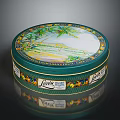 Round Decorative Metal Tin With Green Palm Tree Beach Scene Lover's Pacific Islands Design