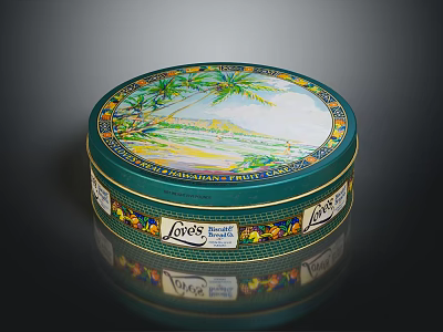 Round Decorative Metal Tin With Green Palm Tree Beach Scene Lover's Pacific Islands Design 3d model