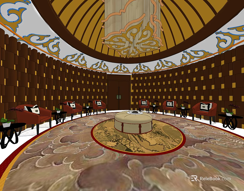 Hotel Public Lounge Area With Circular Dome Chandelier Wooden Walls Red Sofas And Circular Rug 3d model 