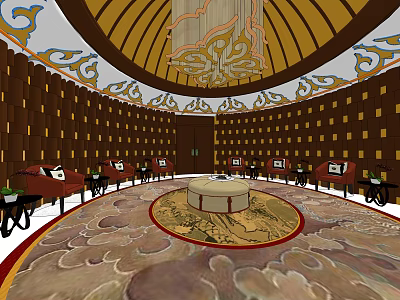 Hotel Public Lounge Area With Circular Dome Chandelier Wooden Walls Red Sofas And Circular Rug 3d model