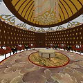 Hotel Public Lounge Area With Circular Dome Chandelier Wooden Walls Red Sofas And Circular Rug