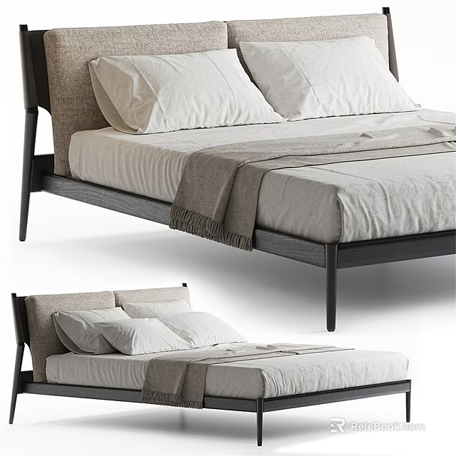 Modern Minimalist Double Bed With Wooden Frame White Pillows Gray Blanket And Soft Mattress 3d model 