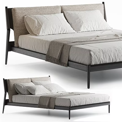 Modern Minimalist Double Bed With Wooden Frame White Pillows Gray Blanket And Soft Mattress 3d model