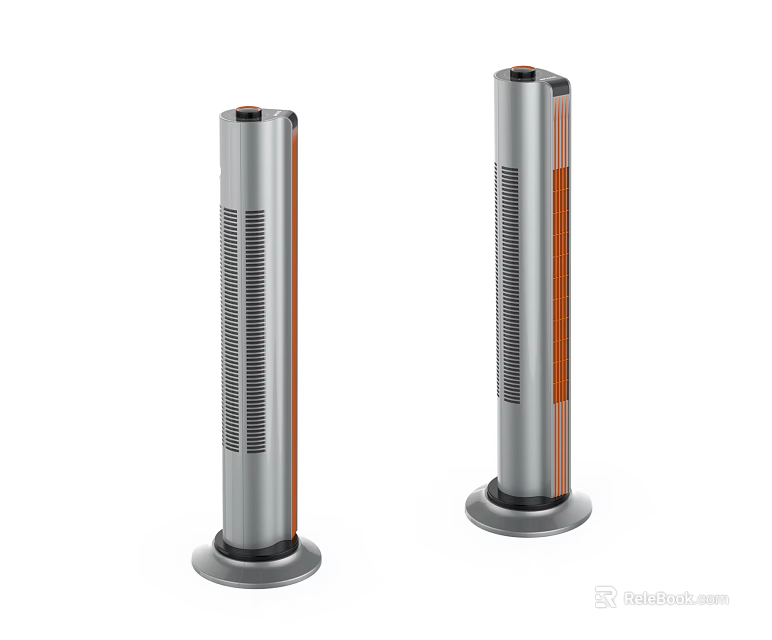Modern Standing Air Cooler Fans With Silver Cylindrical Body Orange Accents And Ventilation Grilles 3d model 