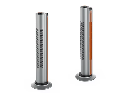 Modern Standing Air Cooler Fans With Silver Cylindrical Body Orange Accents And Ventilation Grilles 3d model
