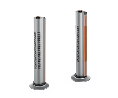 Modern Standing Air Cooler Fans With Silver Cylindrical Body Orange Accents And Ventilation Grilles 3d model