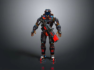 Futuristic Sci Fi Mech Warrior In Black Red Blue Armored Suit With Large Weapon 3d model