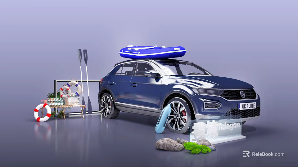 Blue SUV Roof Mounted Inflatable Boat With Lifebuoy Paddles And Outdoor Gear 3d model 