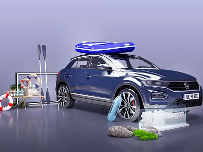 Blue SUV Roof Mounted Inflatable Boat With Lifebuoy Paddles And Outdoor Gear 3d model
