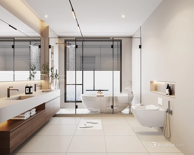 Modern Bathroom Interior Design With Freestanding Bathtub Double Vanity Large Mirror And White Tiles 3d model 
