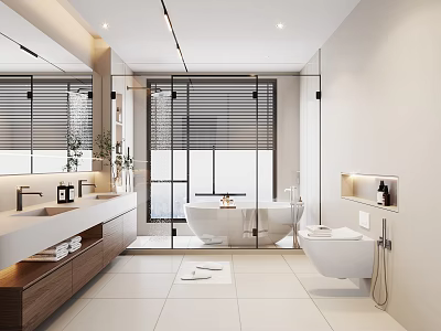 Modern Bathroom Interior Design With Freestanding Bathtub Double Vanity Large Mirror And White Tiles 3d model
