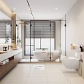 Modern Bathroom Interior Design With Freestanding Bathtub Double Vanity Large Mirror And White Tiles