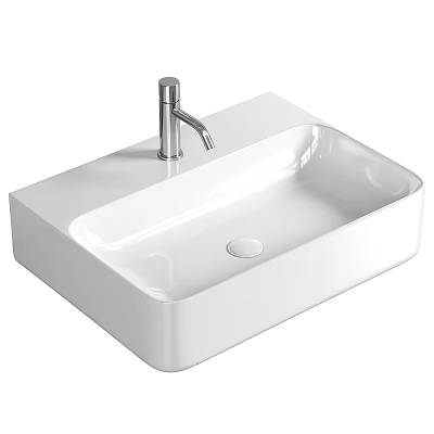 Modern Square White Countertop Washbasin with Chrome Faucet and Sleek Design 3d model