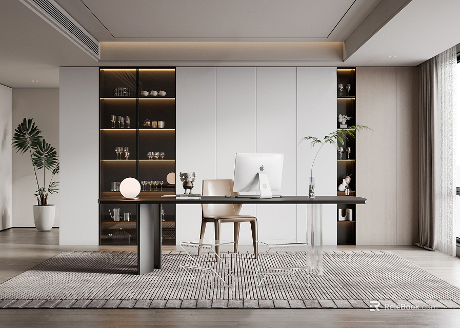 Modern Study Room Interior Design With Open Layout Bookshelves Desk And Green Plants 3d model 