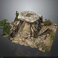 Natural Stone Structure with Green Plants and Rocky Ground Outdoor Scene