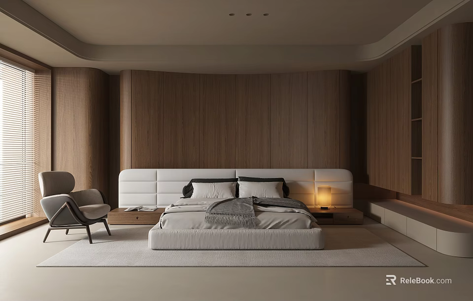 Modern Bedroom Interior With Double Bed Wooden Wall White Headboard And Armchair 3d model 