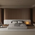 Modern Bedroom Interior With Double Bed Wooden Wall White Headboard And Armchair