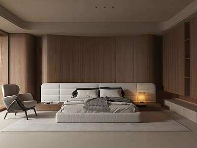 Modern Bedroom Interior With Double Bed Wooden Wall White Headboard And Armchair 3d model