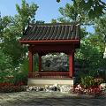 Chinese Traditional Pavilion With Black Roof Red Pillars Surrounding Trees Rocks And Red Flowers