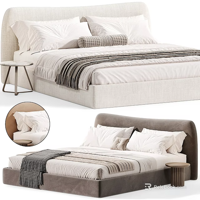 Modern Bed Interior With Linen Pillows Striped Blanket And Bedside Table 3d model 