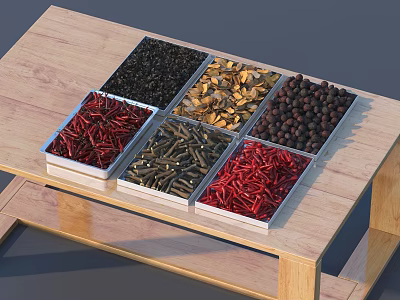 Wooden Table Display With White Trays Holding Various Dried Goods And Spices 3d model