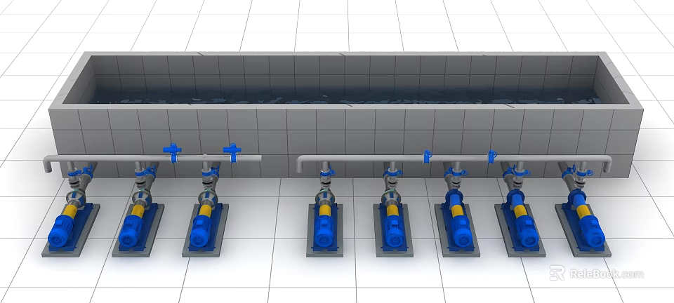 Industrial Equipment Pumps With Blue Components Arranged In Piping System On Grid Floor 3d model 