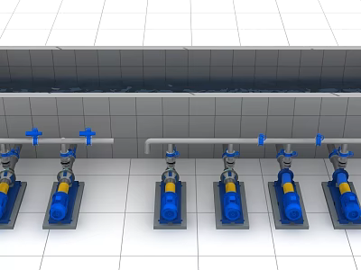 Industrial Equipment Pumps With Blue Components Arranged In Piping System On Grid Floor 3d model