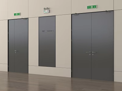 Three Gray Exit Doors In Building Interior With Green Signs Wooden Floor And Light Walls 3d model