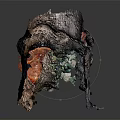 Artistic Vegetable Sculpture With Red Mushroom Green Plants And Textured Bark Surface