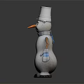 Playful Snowman with Silver Bucket Hat Glasses Orange Nose Brown Arms Blue Gloves Black Feet
