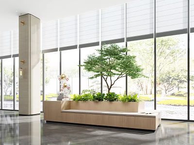 Modern Lounge Area Interior With Large Windows Indoor Tree And Wooden Bench 3d model