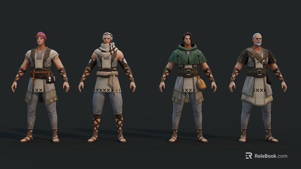 Detailed Ancient Style Game Film Characters With Diverse Hairstyles Costumes And Standing Poses 3d model 
